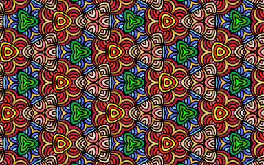 Ethnic east indian ornament with gold. Colorful flower pattern texture in doodling style. Geometric background for wallpaper, wrapping paper, textile, fabric, website, stained glass. 