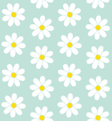 Vector seamless pattern of flat daisy flower isolated on mint background