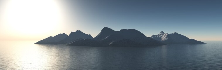 Island of rocks in the ocean, snowy peaks in the sea, mountain island on the horizon, panorama of the ocean landscape with an island, 3D rendering
