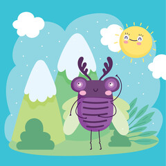 funny purple bug animal landscape nature cartoon