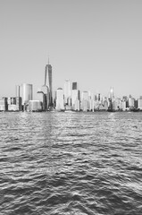 Black and white picture of Manhattan skyline, New York City, USA.