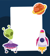 space alien ufo spaceship and planet cartoon card template