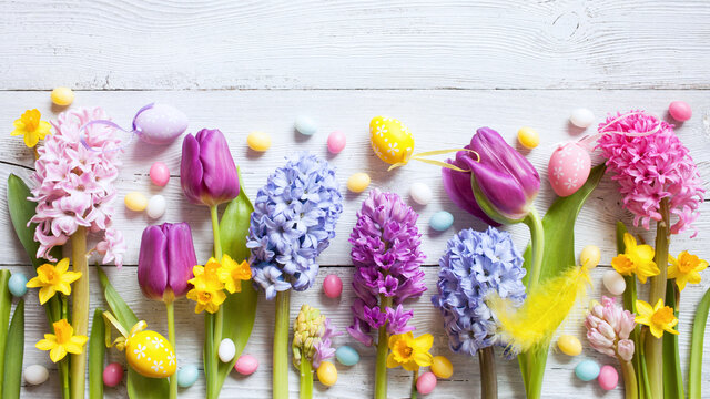 Easter wooden background with flowers hyacinths, tulips, daffodils, feathers and eggs