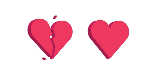 Red heartbreak, broken heart, or divorce vector icon. Isometric, three dimensions illustration for apps and websites. - obrazy, fototapety, plakaty