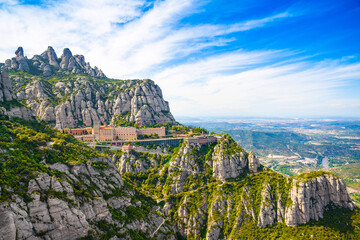 Montserrat mountains and Benedictine monastery of Santa Maria de Montserrat - obrazy, fototapety, plakaty