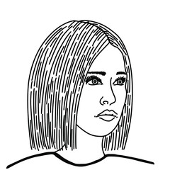 Portrait of a girl close-up with a bob haircut to the shoulders. Black and white illustration of a young woman with long eyelashes and full lips. Isolated object for print, textile, coloring book.