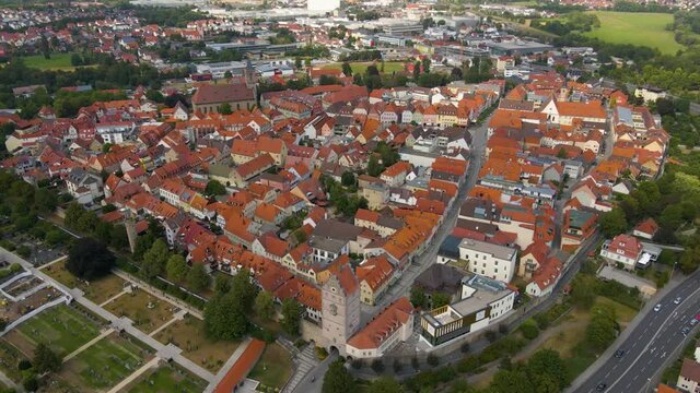 Aerial view of the old town of the city Bad Neustadt an der Saale in Germany, Bavaria on a late spring afternoon