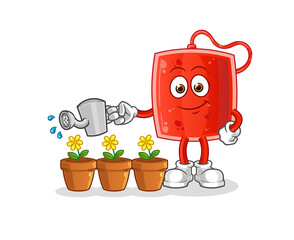 blood bag watering the flowers mascot. cartoon vector