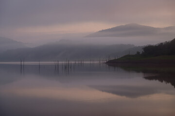 沼田町ホロピリ湖 霧の朝の風景