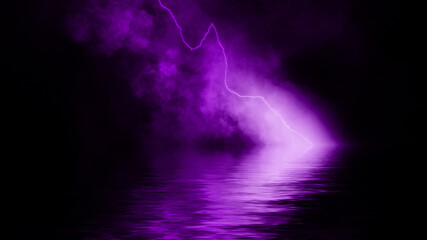 Abstract realistic nature lightning thunder background . Bright curved line on isolated texture overlays. Stock illustration. Reflection in water.