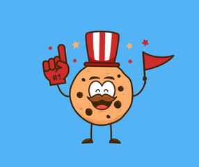 Cute cookies snack cartoon character as supporter fans cheering wear number 1 gloves vector illustration graphic