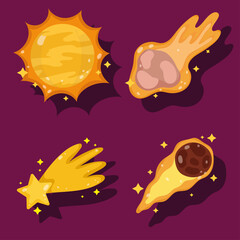 space shooting star sun asteroid comet adventure cartoon icons set