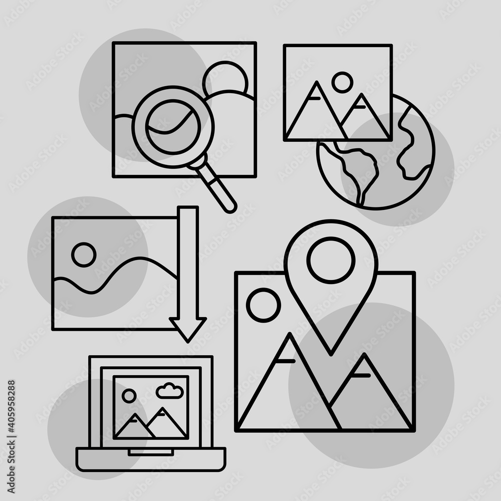 Poster bundle of five pictures with differents scenes line style set icons vector illustration design