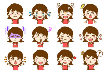 喜怒哀楽の色々な表情をした女の子の上半身イラストバリエーションセット