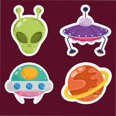 space planet alien ufo spaceship adventure sticker cartoon icons set