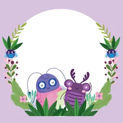 Fotobehang funny bugs flower flora decoration cartoon banner template design © Stockgiu