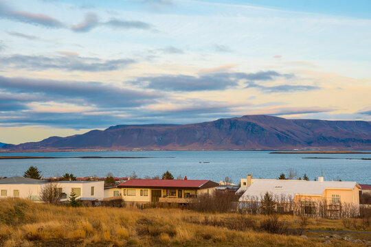 View towards esjan from town of Seltjarnarnes in Reykjavik city in Iceland
