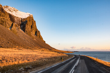 Road along mountain Eystrahorn in Iceland
