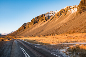 Road along mountain Eystrahorn in Iceland