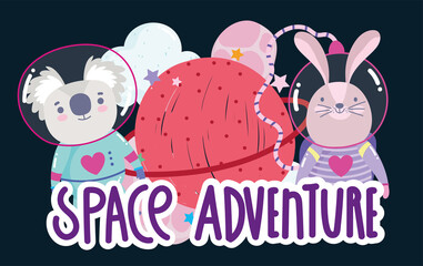 space astronaut rabbit koala and planet adventure explore animal cartoon