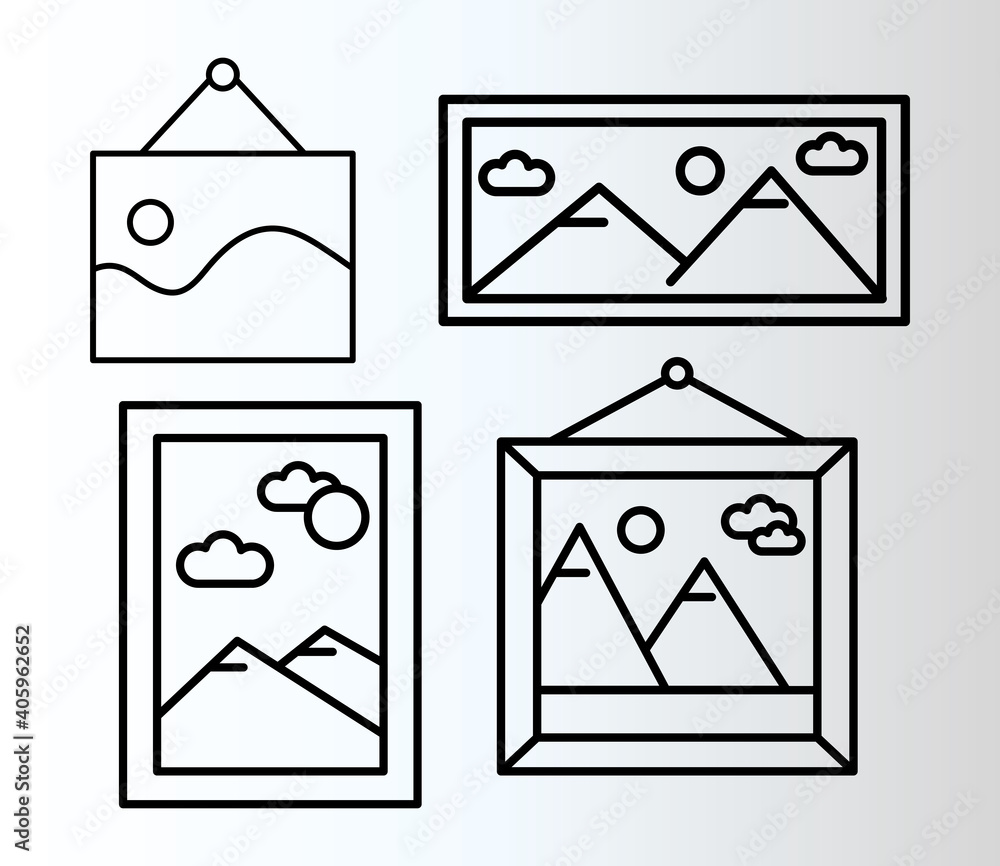 Poster bundle of four pictures with differents scenes line style set icons vector illustration design