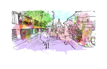 Building view with landmark of Dehradun is the
city in India. Watercolour splash with hand drawn sketch illustration in vector.