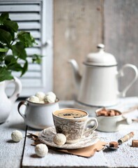Cup of coffee with sugar cubs and coffee pot. Coffee cup, spring tulip flowers.