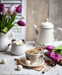 Cup of coffee with sugar cubs and coffee pot. Coffee cup, spring tulip flowers.