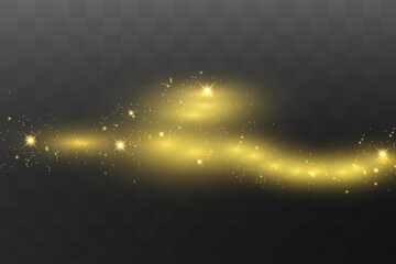 Yellow sparks glitter special light effect. Vector sparkles on dark background. Christmas abstract pattern. Sparkling magic dust particles