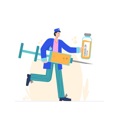 Vaccine against COVID-19 virus. Prevention injection, immunization. Coronavirus infection treatment. A nurse with a large syringe and a vaccine against the virus runs to the rescue.
