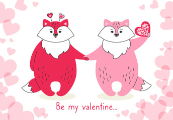 Couple cartoon fox with with valentine hearts, Happy Valentines Day greeting card. Draw doodle style. Romantic banner cute forest pink fox. Design for print, about love vector illustration