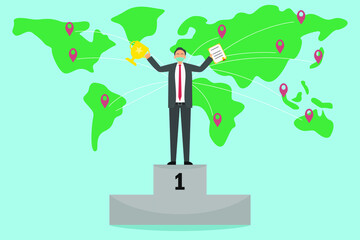 Businessman with trophy over the world 2D flat vector concept for banner, website, illustration, landing page, flyer, etc