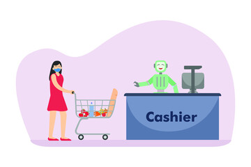 Robotic cashier 2D flat vector concept for banner, website, illustration, landing page, flyer, etc