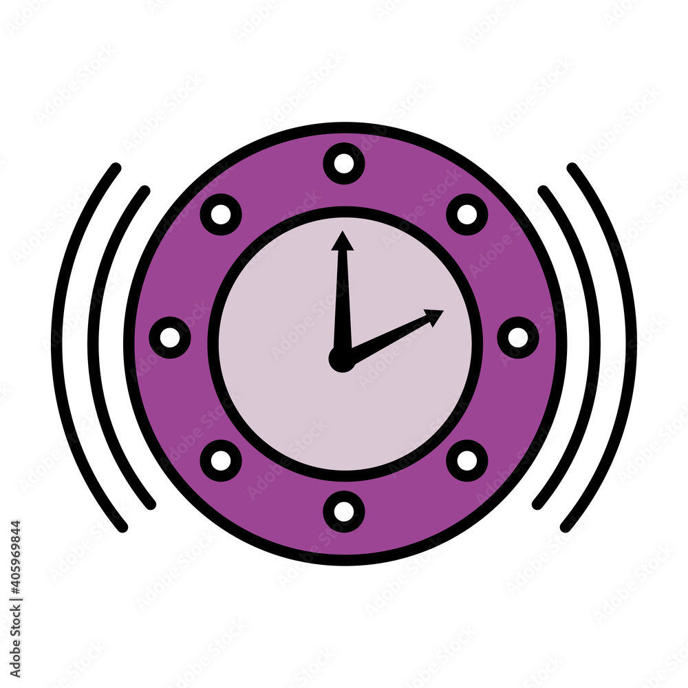 Poster time clock watch analog with waves ring sound line and fill style icon vector illustration design