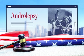 Androlepsy. Judge gavel and america flag in front of New York Skyline. Web Browser interface with...