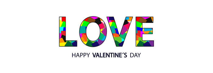 The word love in different colors on a white background. Valentine's day greeting card.