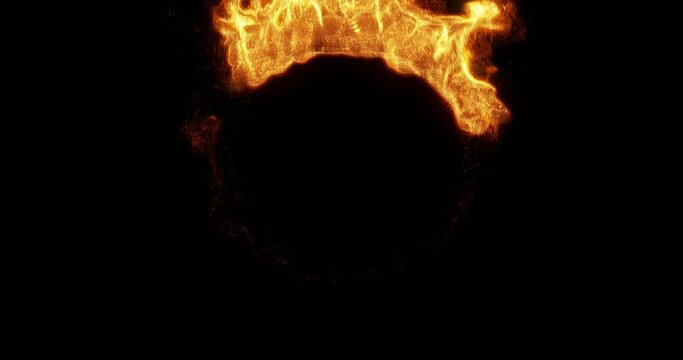 Ring of Fire and Sparks randomly burning on a Black Background. abstract motion graphic.  3D render 4k loop