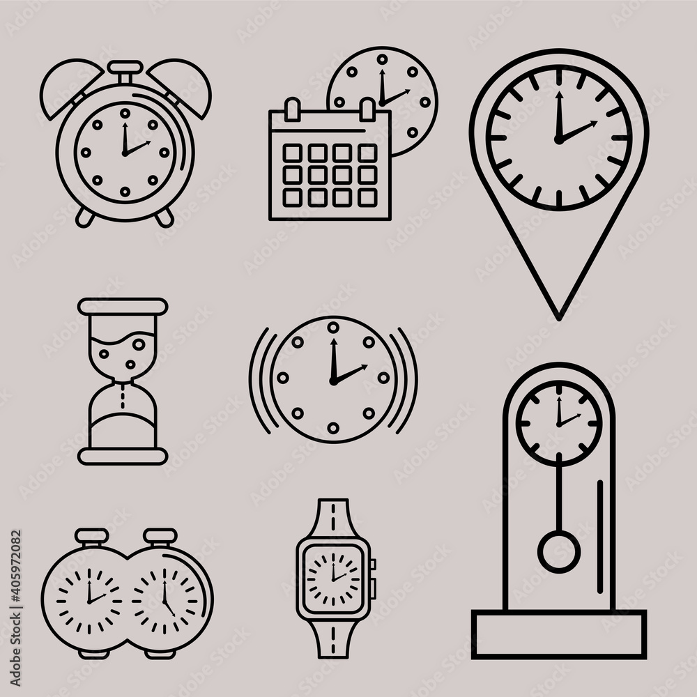 Poster bundle of nine time set line style icons vector illustration design