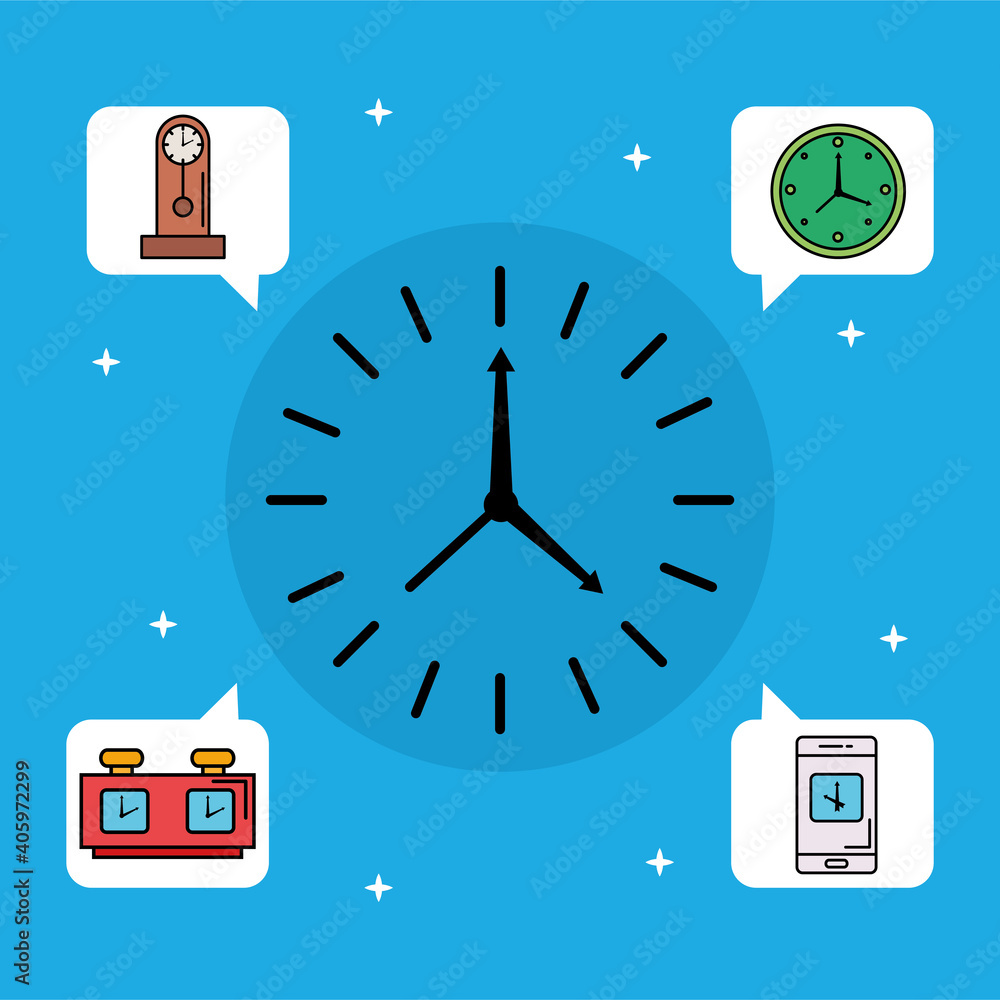 Poster bundle of twelve time set line and fill style icons in black background vector illustration design