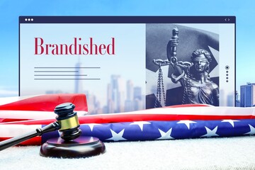 Brandished. Judge gavel and america flag in front of New York Skyline. Web Browser interface with text and lady justice.