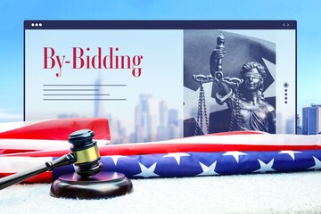 By-Bidding. Judge gavel and america flag in front of New York Skyline. Web Browser interface with...