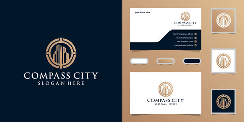 building logo and compass with gold color design template and business card © Royin