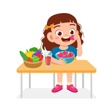 happy cute kid girl eat healthy food