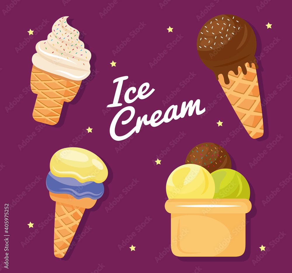 Poster bundle of four ice creams set icons and lettering vector illustration design