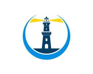 Circle swoosh with lighthouse fortress inside
