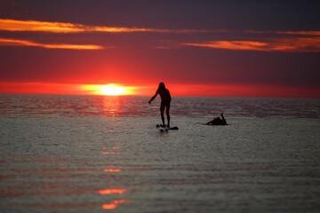 People surfing at sunset.