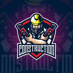 construction mascot logo design vector with concept style for badge, emblem and tshirt printing. construction illustration with stopcock in hand.