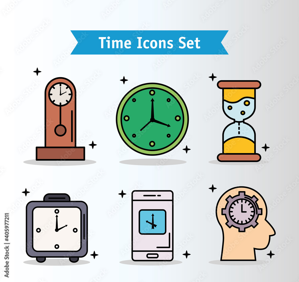 Poster bundle of six time set line and fill style icons and lettering in ribbon vector illustration design