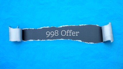 998 Offer. Blue torn paper banner with text label. Word in gray hole.