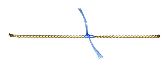 Golden chainlet with blue rope. Accessories for sewing and scrapbooking decorations